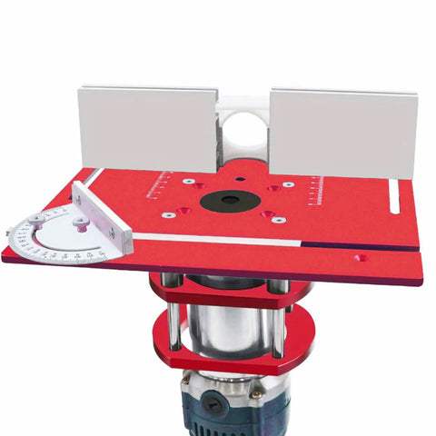 Rock Solid Router Table Insert Plate Featuring Precision Miter Gauge Guide Fence And Hassle Free Sliding Brackets For Quick Trim Router Setup with red aluminum surface and white fence