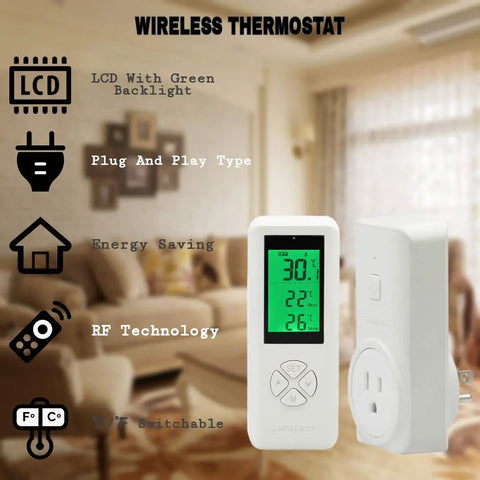 Smart Wireless Temperature Controlled Outlet With Remote Thermostat, LCD display, plug-in thermostat in living room