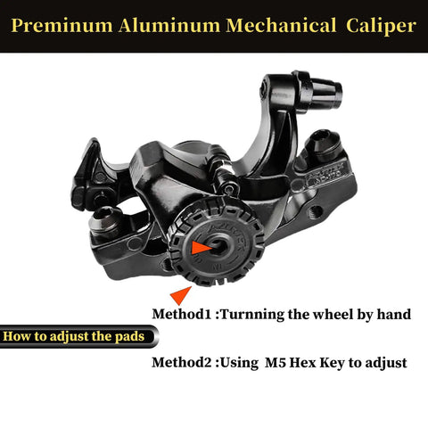 Premium Aluminum Mechanical Caliper for Heavy Duty Aluminum Disc Brake Kit For Road And Mountain Bikes features adjustment methods.