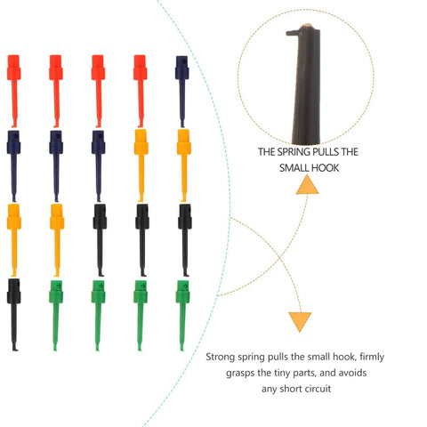 Alligator Clip Test Probes Set 20 Pack Mini Test Grabbers For Digital Multimeters showing assorted colors with spring mechanism detail