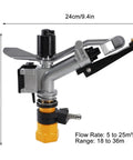 Detailed view of a 360 Degree Auto Rotating Irrigation Sprayer for Lawn and Garden, 1 Inch FNPT, 18-36 Meter Range.