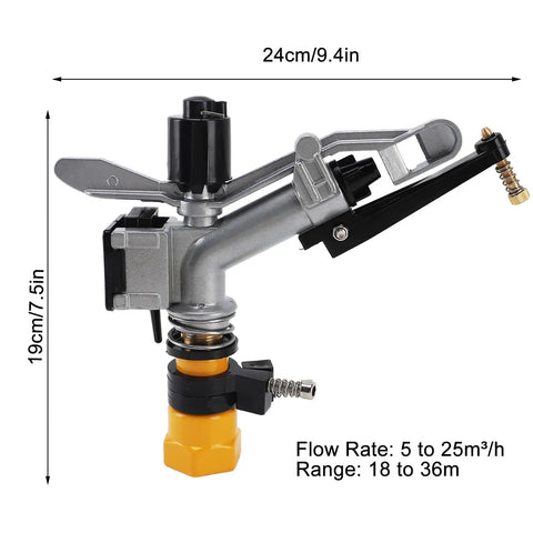 Detailed view of a 360 Degree Auto Rotating Irrigation Sprayer for Lawn and Garden, 1 Inch FNPT, 18-36 Meter Range.