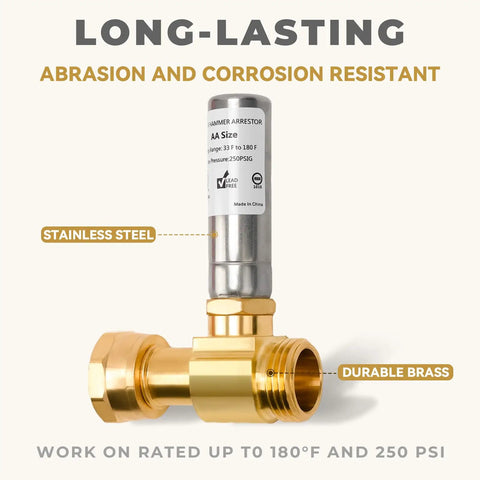 Stainless Steel Water Hammer Arrestor For Washing Machine 3/4 Inch FHT x 3/4 Inch MHT Straight 2 Pack No More Pipe Knock Reduces Noise Stops Water Hammer Easy Install, stainless steel and brass