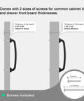 5 Inch Hole Centers Black Zinc Alloy Cabinet Handles 10 Pack, diagram showing screw sizes for board thicknesses, included screws