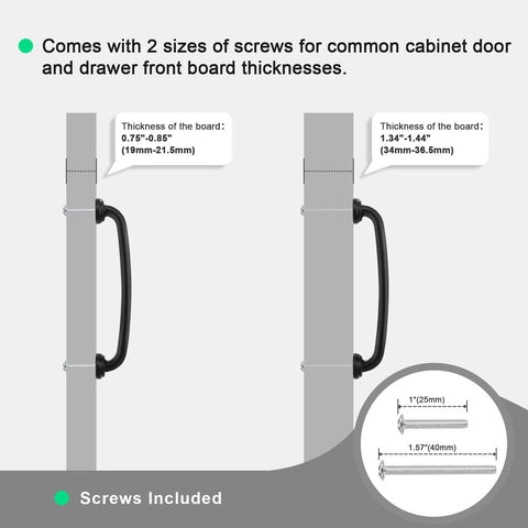 5 Inch Hole Centers Black Zinc Alloy Cabinet Handles 10 Pack, diagram showing screw sizes for board thicknesses, included screws
