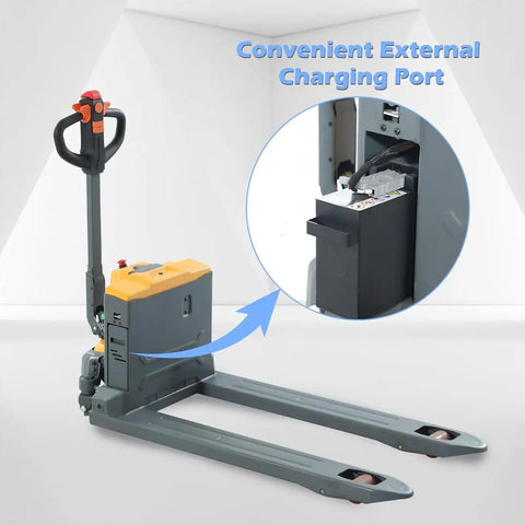Apollo 4400Lb Electric Pallet Jack With Lithium Battery featuring convenient external charging port and 48 x 27 inch forks.