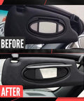 Before and after of Sun Visor Vanity Mirror Cover Replacement For Porsche 996 997 911 986 987 Boxster Cayman 1996 2010 installed.