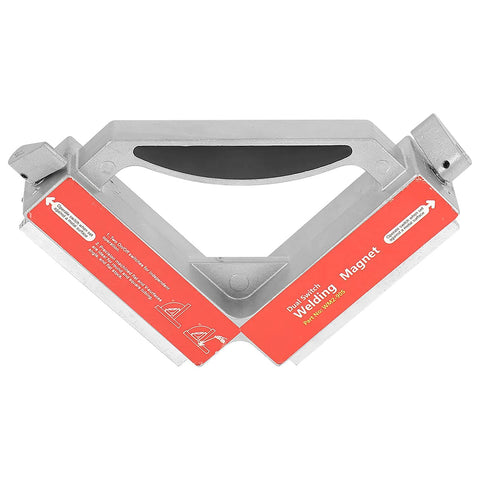 90 Degree Welding Magnetic Holder with Dual Switches Pro Grade Magnetic Welding Fixture in red and gray steel, 150x150x40mm.
