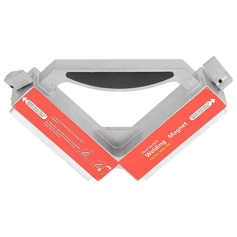 Heavy Duty Dual Switch Welding Magnet Fixture With 90 Degree Angles And Bottom V Groove For Round Bars top view showing dual switches and V groove.