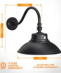 2 Pack 14 Inch Black Gooseneck Barn Light LED Fixture For Indoor And Outdoor Use With Photocell Swivel Head 42W 3800 Lumens Energy Star ETL Listed Sign Lighting Warm White 3000K, dimensions and warranty shown