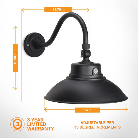 2 Pack 14 Inch Black Gooseneck Barn Light LED Fixture For Indoor And Outdoor Use With Photocell Swivel Head 42W 3800 Lumens Energy Star ETL Listed Sign Lighting Warm White 3000K, dimensions and warranty shown