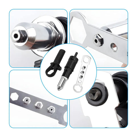 Cordless Car Rivet Gun Adapter Kit with 4 Rivet Heads and tools, including aluminum heads and accessories for automotive repair.