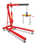 Kickass Folding Hydraulic Engine Hoist With 4400 Lbs Capacity six smooth rolling caster wheels adjustable boom in red.