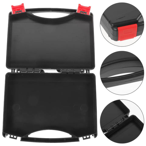Portable Plastic Toolbox With Grip Handle, Heavy Duty Hard Shell Organizer For Mechanics with open lid and red latches.