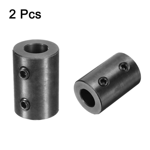 Two black oxide steel rigid shaft couplings with 1/2 in bore, 1 in OD, 1-1/2 in length and two set screws.