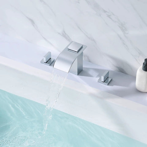 Three Hole Deck Mount Roman Tub Faucet With Slick Waterfall Spout And Valve, Chrome Finish, high flow water into bathtub
