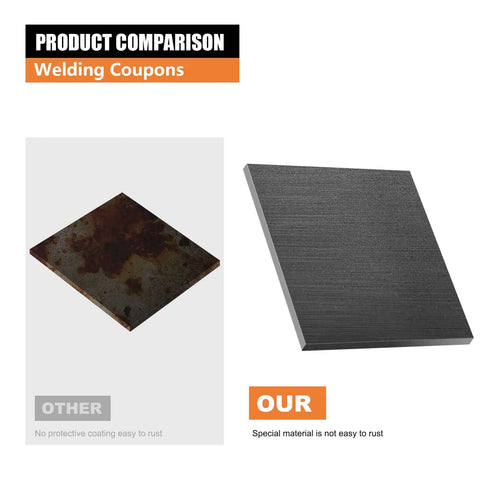 Comparison of rusty and non-rusty 2x2 in mild steel welding coupons from 20 Pack 2x2 Inch Welding Coupons One Eighth Inch Mild Steel Practice Plates Starter Kit For MIG TIG Stick Arc Welding Beginners DIY Metal Projects Great For Home Workshop Projects And Practice Welds