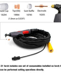 PT-31 Plasma Cutting Torch Kit With 13 Ft Cable 40 Amp For CUT50D CUT-50 CT-312 CUT40 CT-416 MTC Series And More shown with consumables.