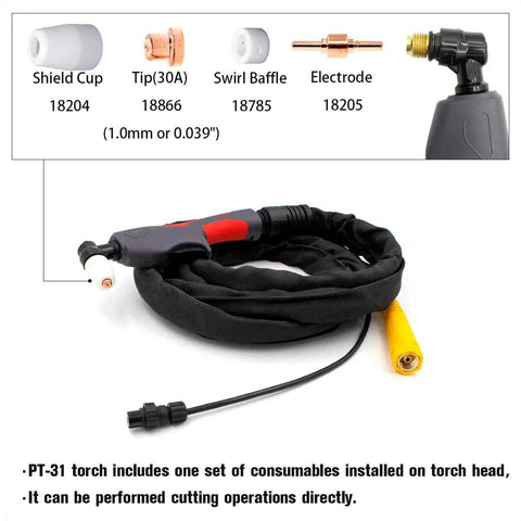PT-31 Plasma Cutting Torch Kit With 13 Ft Cable 40 Amp For CUT50D CUT-50 CT-312 CUT40 CT-416 MTC Series And More shown with consumables.