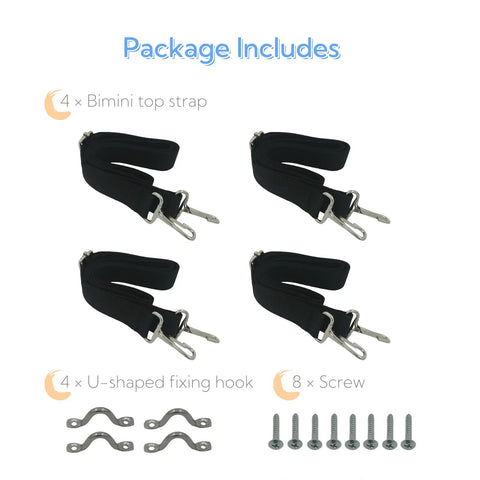 Image showing Four Pack Bimini Top Straps For Boats with stainless steel hardware, black nylon straps, U-shaped hooks, and screws.