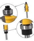 Close-up of Top Mounted Ball Bearing Router Bit Guide Kit, 12 Piece Bearings Accessory Set with yellow router bits.