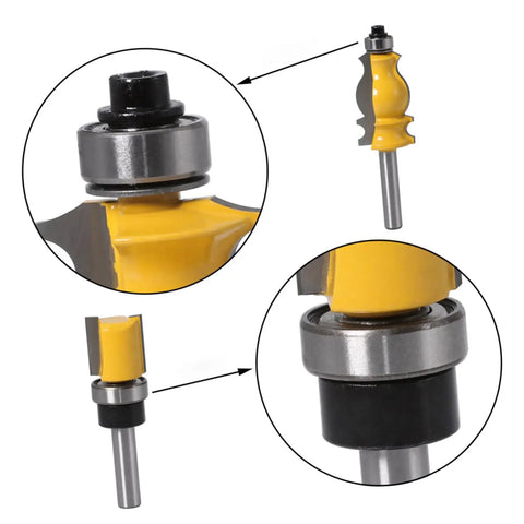Close-up of Top Mounted Ball Bearing Router Bit Guide Kit, 12 Piece Bearings Accessory Set with yellow router bits.