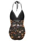 One Piece Swimsuit For Women Retro Dog Paw Bone Print High Waist Wrap Design Yacht Ready Beachwear with adjustable ties.