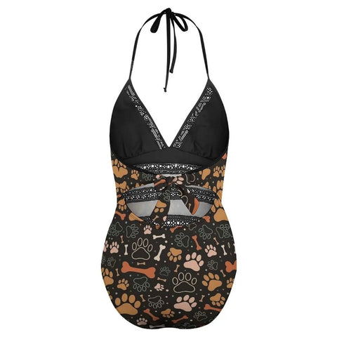 One Piece Swimsuit For Women Retro Dog Paw Bone Print High Waist Wrap Design Yacht Ready Beachwear with adjustable ties.