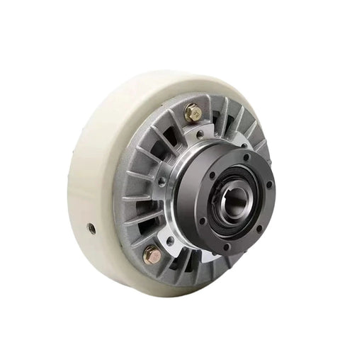 Magnetic powder brake clutch assembly with white housing and silver flange bearing hub (Uniaxial FZ-12A).