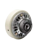 Front view of magnetic powder brake clutch with white outer housing and silver hub bearing.