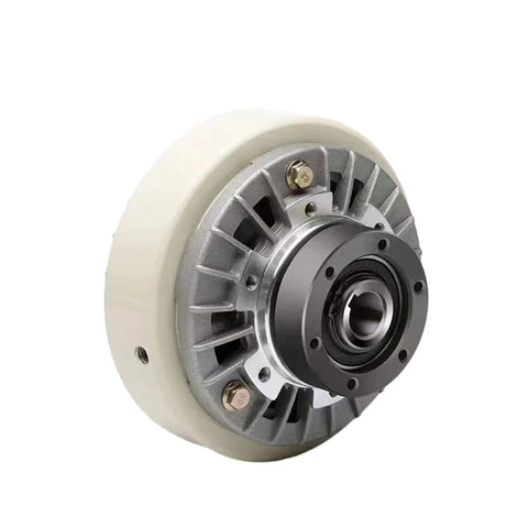 Front view of magnetic powder brake clutch with white outer housing and silver hub bearing.