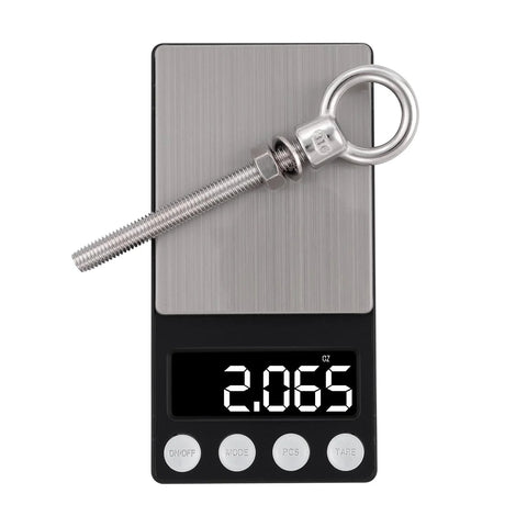 SHONAN heavy-duty 316 stainless steel eye bolt with nut and washer on a brushed metal plate displayed on a digital scale