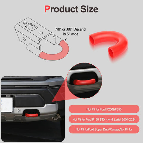 Diagram and photo of red Ford F150 Tow Hook Cover 2 Piece Red Set For 2004-2026 Models And Bronco 2021-2026 installation