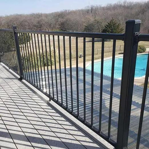 Level Deck Railing Kit With Square Balusters And Mounting Brackets, 72 Inch Top And Bottom Rails, 36 Inch High Outdoor Fence System view near pool.