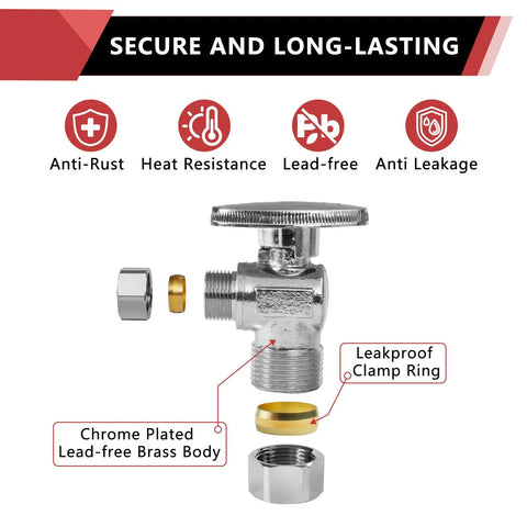 10-Piece Angle Stop Valve Set 1/2 Inch Nominal (5/8 Inch OD) Compression to 3/8 Inch OD, 1/4-Turn Inlet, Lead-Free Brass With Chrome Finish, Ideal for Hot and Cold Water Lines in Bathroom, Kitchen and Shower Plumbing. Chrome-plated lead-free brass angle stop valve with leakproof clamp ring