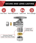 100 Pack Go-To Angle Stop Valves One Half Inch Nominal Five Eighths Inch OD Compression To Three Eighths Inch OD Quarter Turn Inlet Lead Free Brass Chrome Plated Safe For Potable Water In Residential And Commercial Plumbing, chrome plated lead-free brass angle stop valve