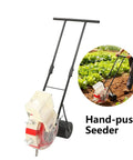 Hand Seed Spreader Roller Seeder For Farm And Garden Easy Push Dispenser, 8.27 lb capacity, shown in use on a field.