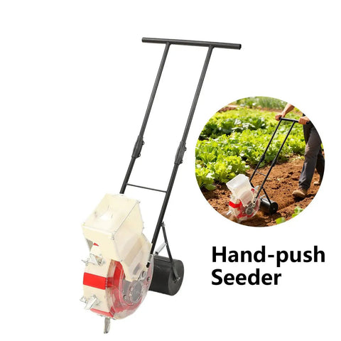 Hand Seed Spreader Roller Seeder For Farm And Garden Easy Push Dispenser, 8.27 lb capacity, shown in use on a field.