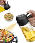 Slick Black 2 In 1 Oil Sprayer And Glass Dispenser For Kitchen Cooking Smooth Mist Spray Bottle 16 Oz in use on food.