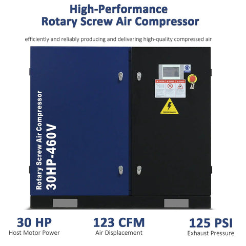 Beefy 30HP Rotary Screw Air Compressor Delivers 123 CFM at 125 PSI 460 Volts Three Phase Fixed Speed Industrial Grade Unit for Continuous Duty Manufacturing and Heavy Load Air Demands, blue-black cabinet
