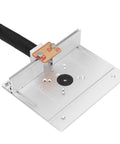Pro Grade Aluminum Router Lift Kit With Buttery Smooth Rotating Insert Plate For Dead Nuts Accurate Woodworking Carving And Milling Zero Sweat Setup, top view with handle.