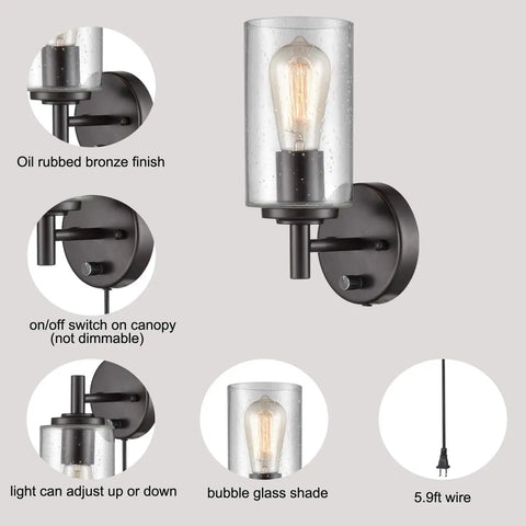 Contemporary Oil Rubbed Bronze Bubble Glass Wall Sconces Set Of Two Plug In With Switch Adjustable Up Down Lighting