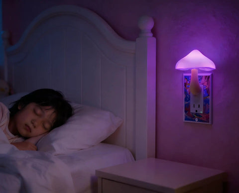 Two Pack LED Mushroom Night Lights Plug In Wall Lamps with 7 Color Changing Sensor glowing in a child's bedroom at night