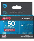 Heavy Duty Stainless Steel U Shape Staples For T50 Stapler Guns Quarter Inch Length Three Thousand Count Pack industrial fasteners in blue packages.