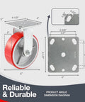 Industrial Casters Set Of 4 With Brakes, 6 Inch Swivel And 2 Rigid Wheels, Heavy Duty 5000 Lbs Capacity, dimension diagram