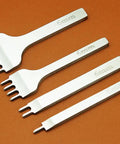 Pricking Irons Set For Leather Craft, Diamond Stitching Chisel Kit with 1/2/4/6 point teeth, 6mm, carbon steel on leather surface.