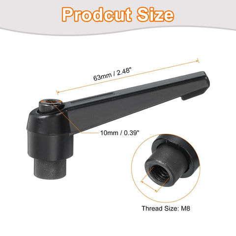Heavy Gauge M8 Female Thread Adjustable Knob Handle With Push Button Ratchet Lock Quick Release Rotating Bolt Clamping Lever For Machine Tools Tough As Nails Alloy Steel Black shown with dimensions 63mm and 10mm