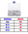 Heavy Duty Pro Grade Wire Rope Crimping Tool Kit with 150 Aluminum Sleeves in M1.2 M1.5 M2.0 Size Chart Displayed