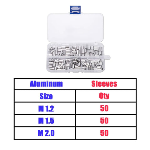 Heavy Duty Pro Grade Wire Rope Crimping Tool Kit with 150 Aluminum Sleeves in M1.2 M1.5 M2.0 Size Chart Displayed