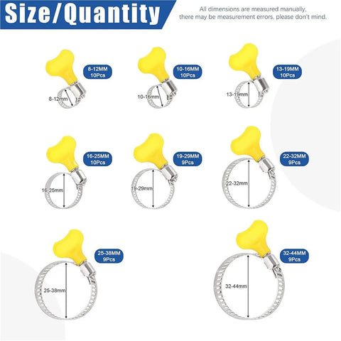 Get A Total Of 76 Adjustable Hose Clamps In One Sweet Combo Kit Plus Stepless Worm Gear Clamps For Any Car Or Bike Pipe From 8 To 44Mm Made With High Grade Stainless Steel And Easy Grip Plastic Handles That Make DIY Fix-ups Super Dope Today. size chart of stainless steel hose clamps with yellow handles, 8-44mm